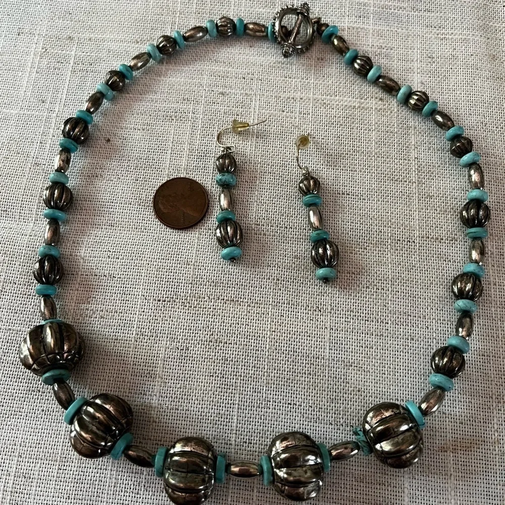 Silver and Turquoise Beaded Necklace and Earring Set vintage